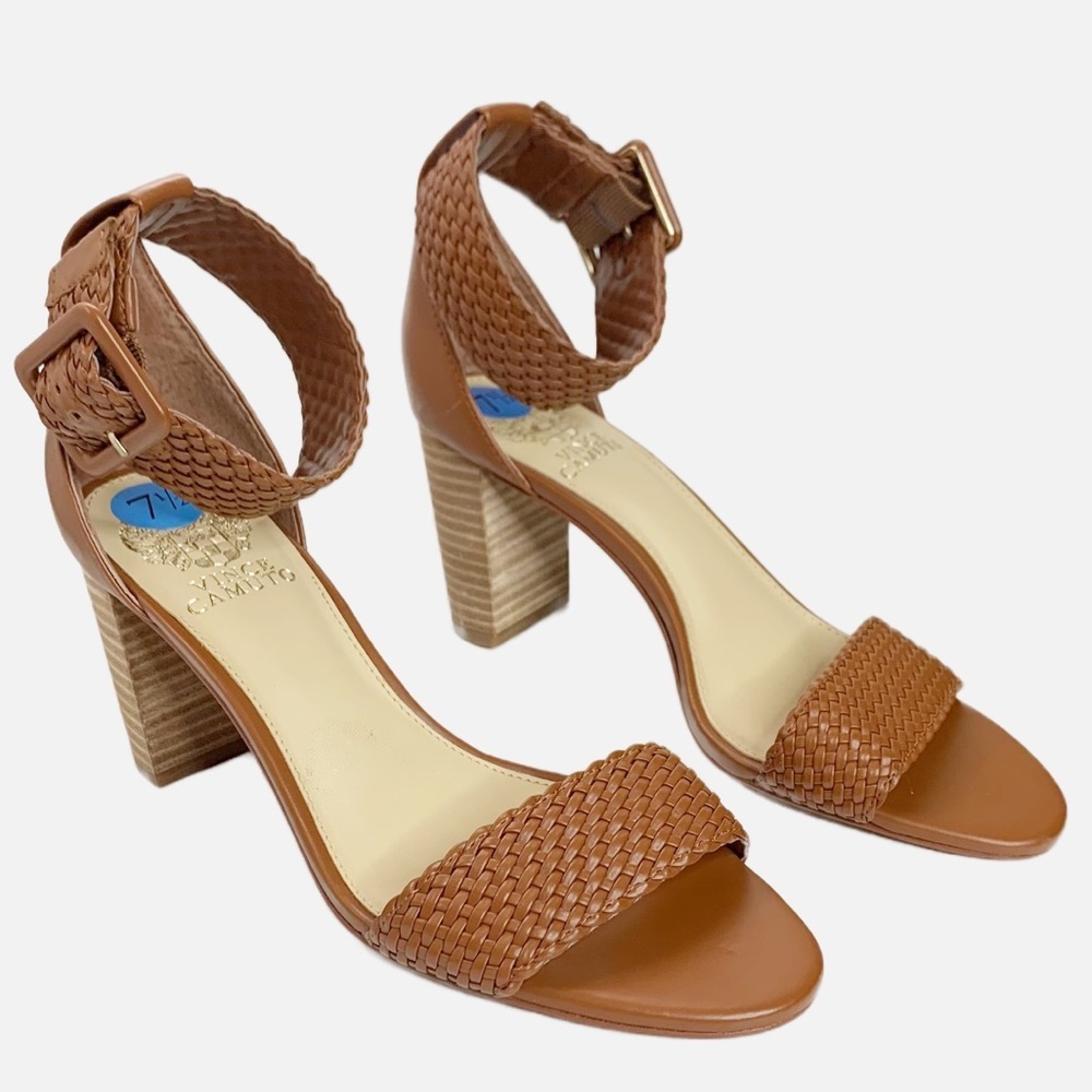Vince Camuto Maghen Sandals 7.5 Braided Strappy Open Toe Block Heel Cognac